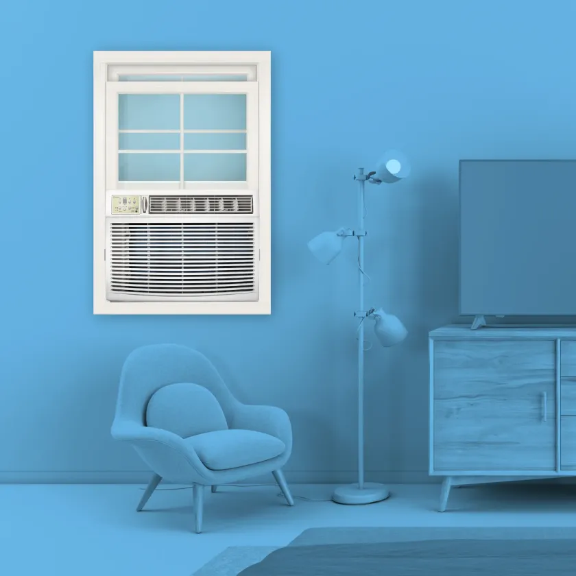 25,000 Air Conditioner in monochrome blue living room environment
