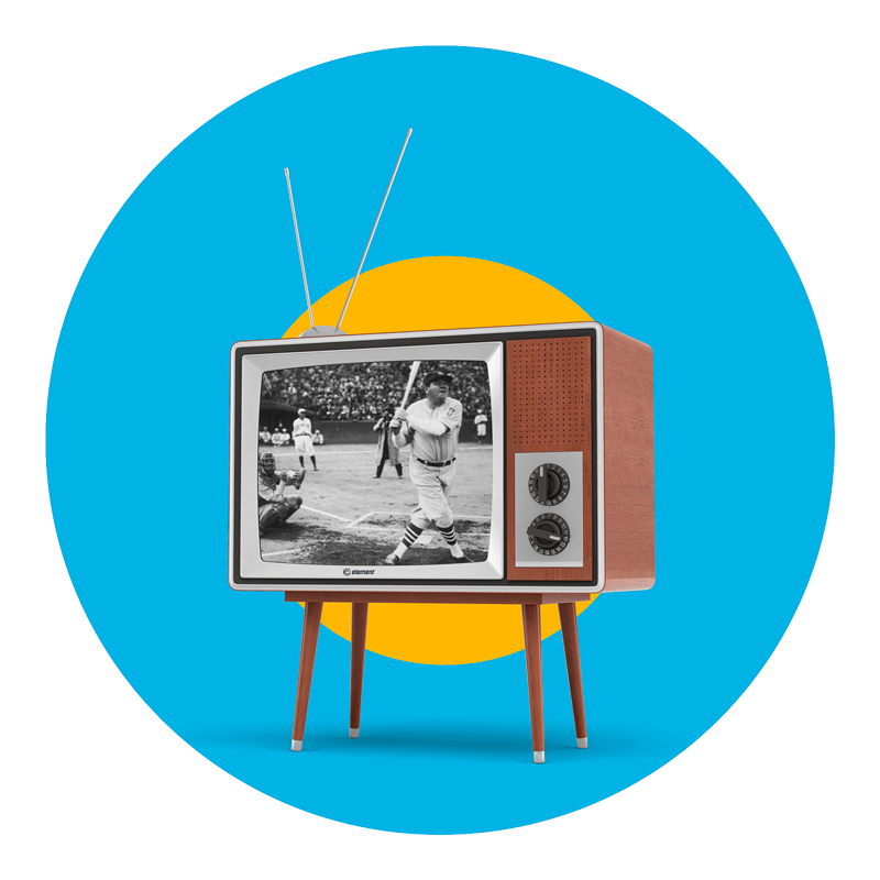 Mid-century modern box TV with blue and yellow background