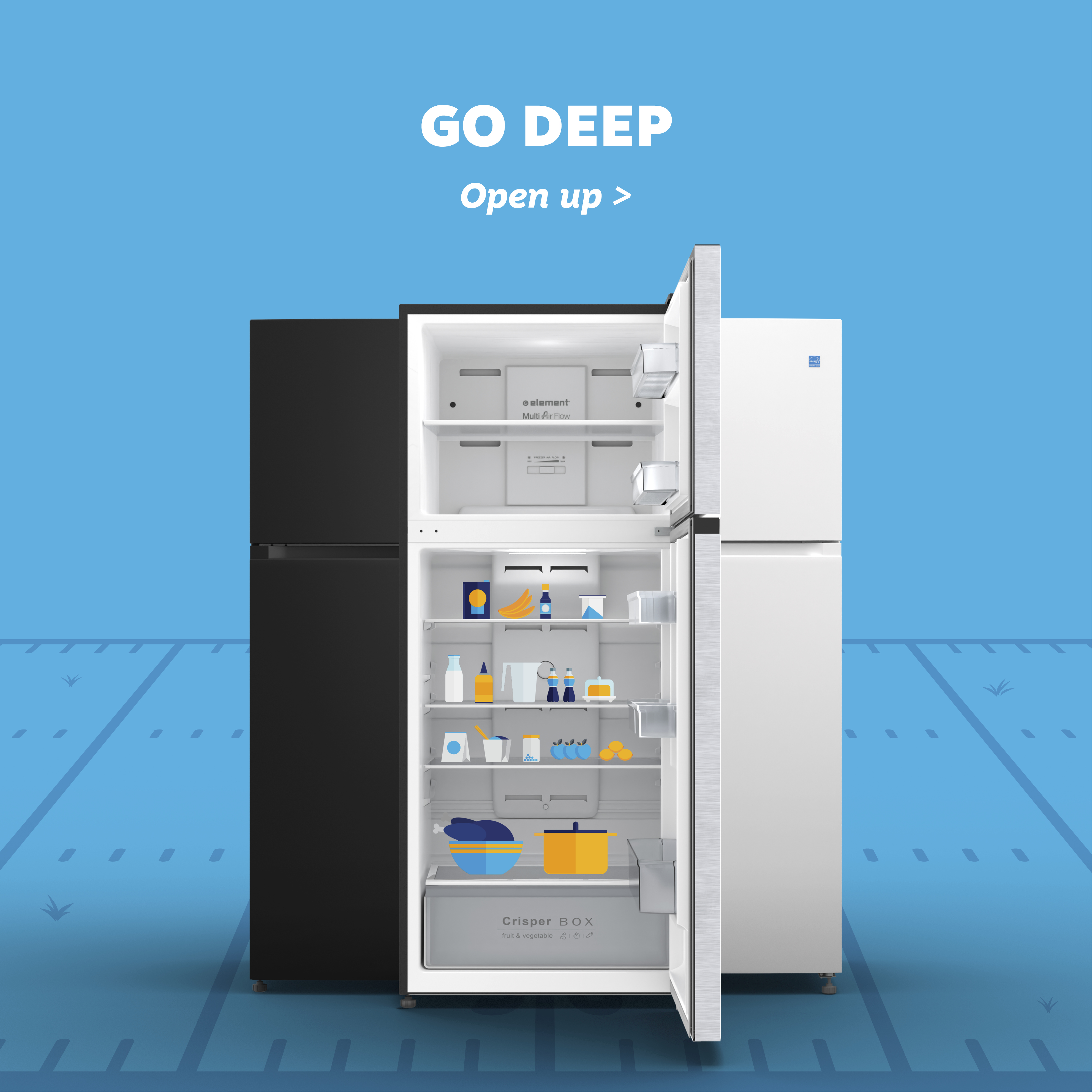 Image of various refrigerators with text "Go Deep."