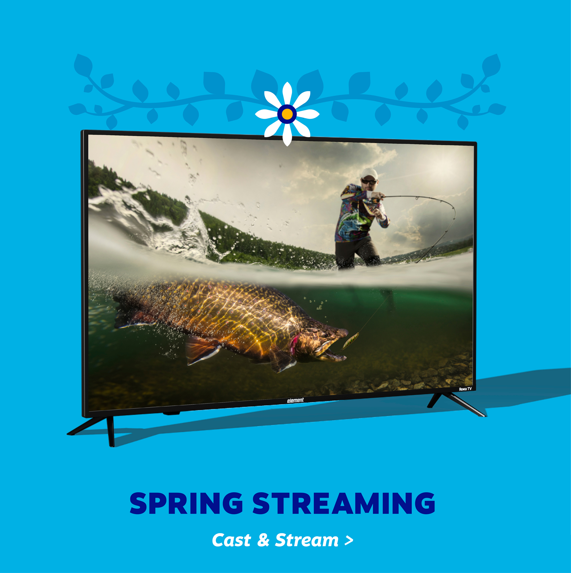 Picture of a television with a flower and the text "spring streaming"