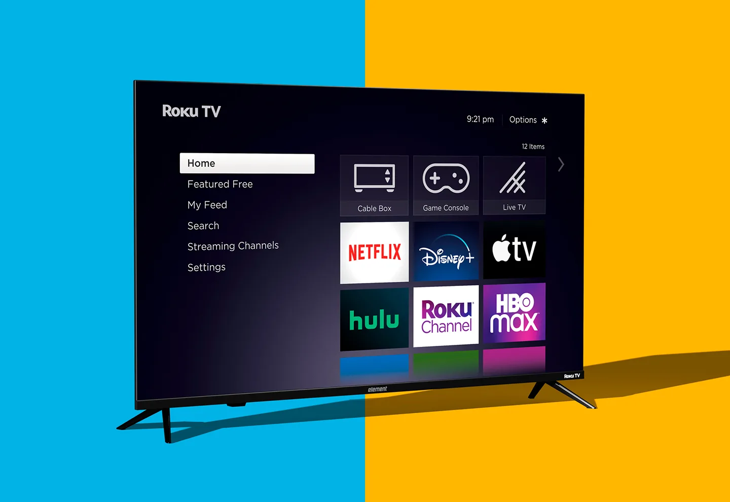 Element Roku TV on blue and yellow background