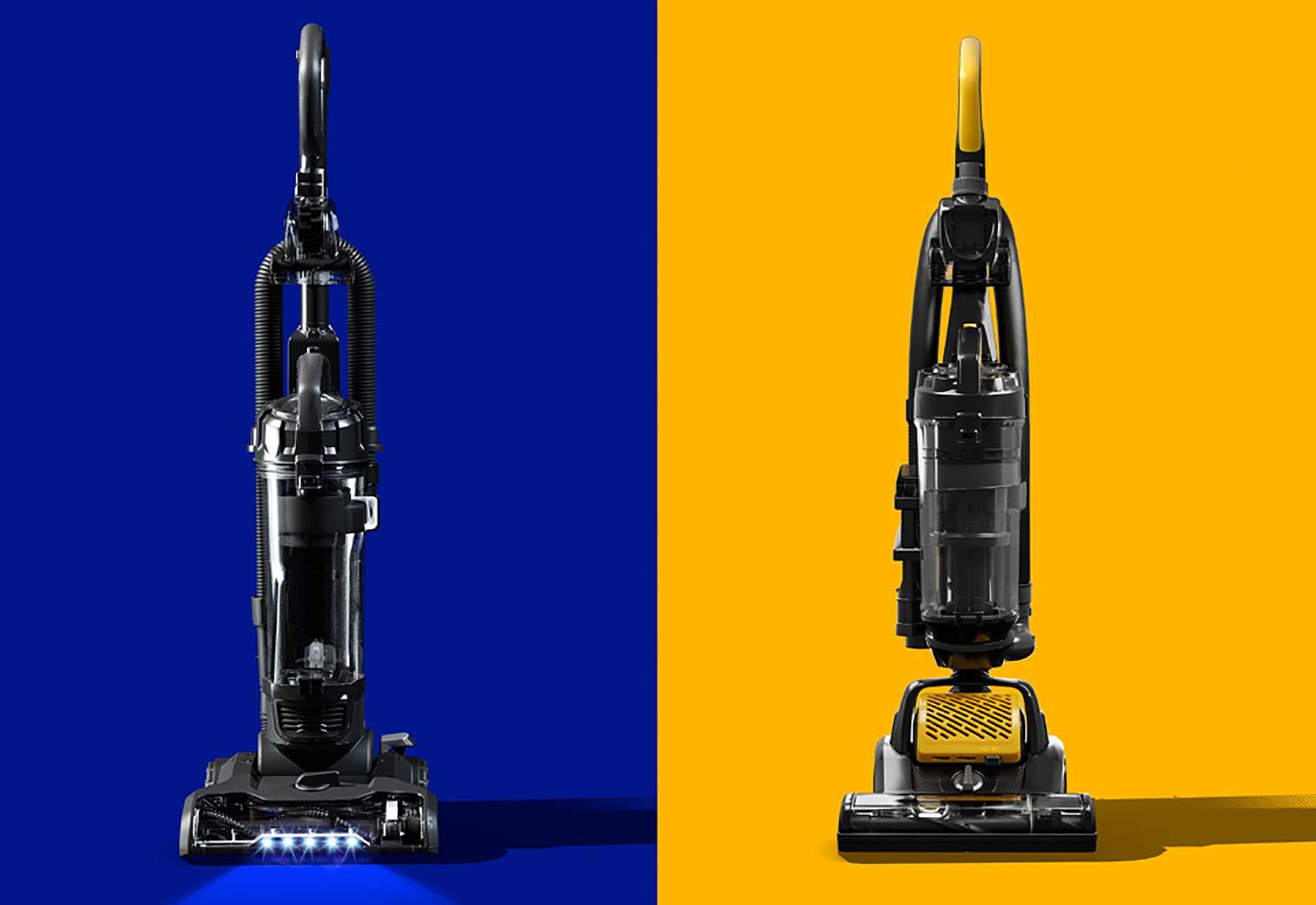 Image of  two upright bagless vacuum cleaners.