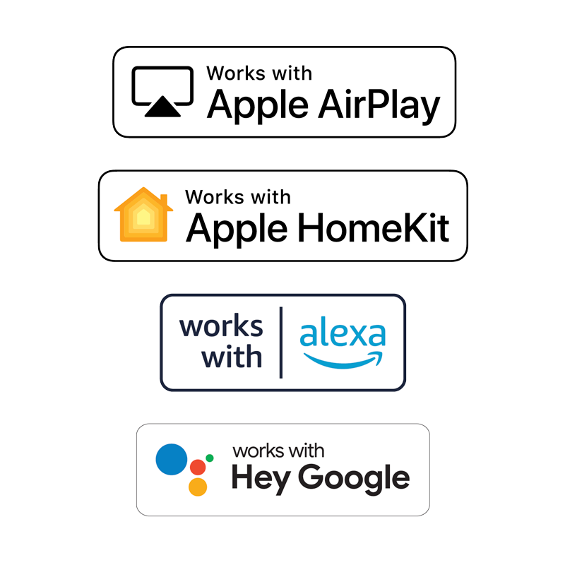 Apple AirPlay, Apple HomeKit, Alexa and Hey Google icons