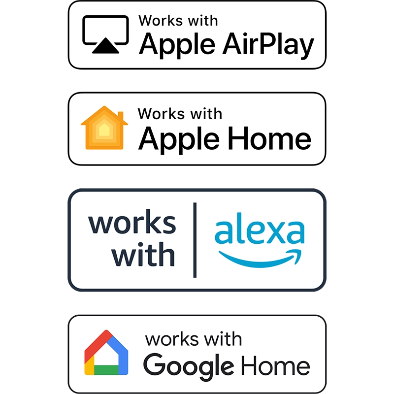 Apple AirPlay, Apple HomeKit, Alexa and Hey Google icons
