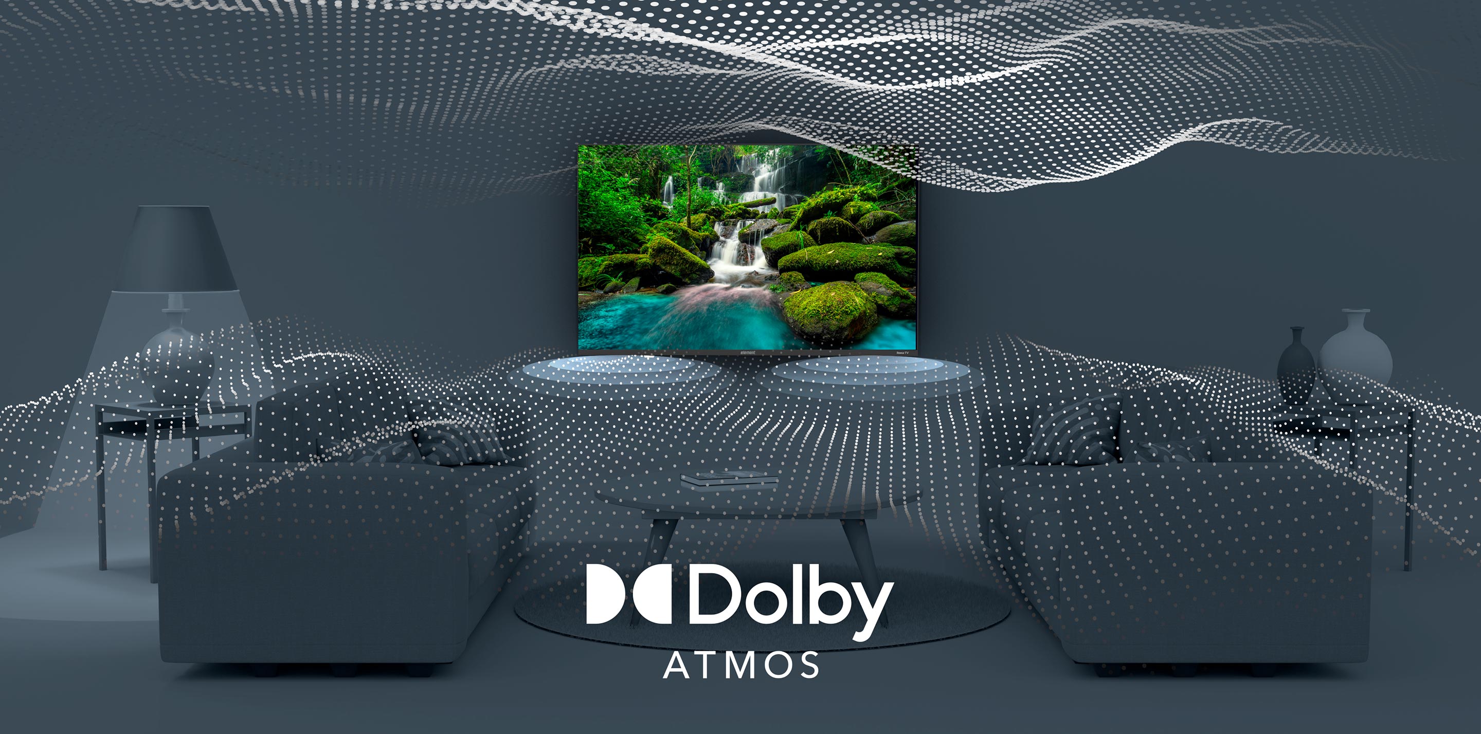 image showing 3d audio waves and Dolby Atmos® logo