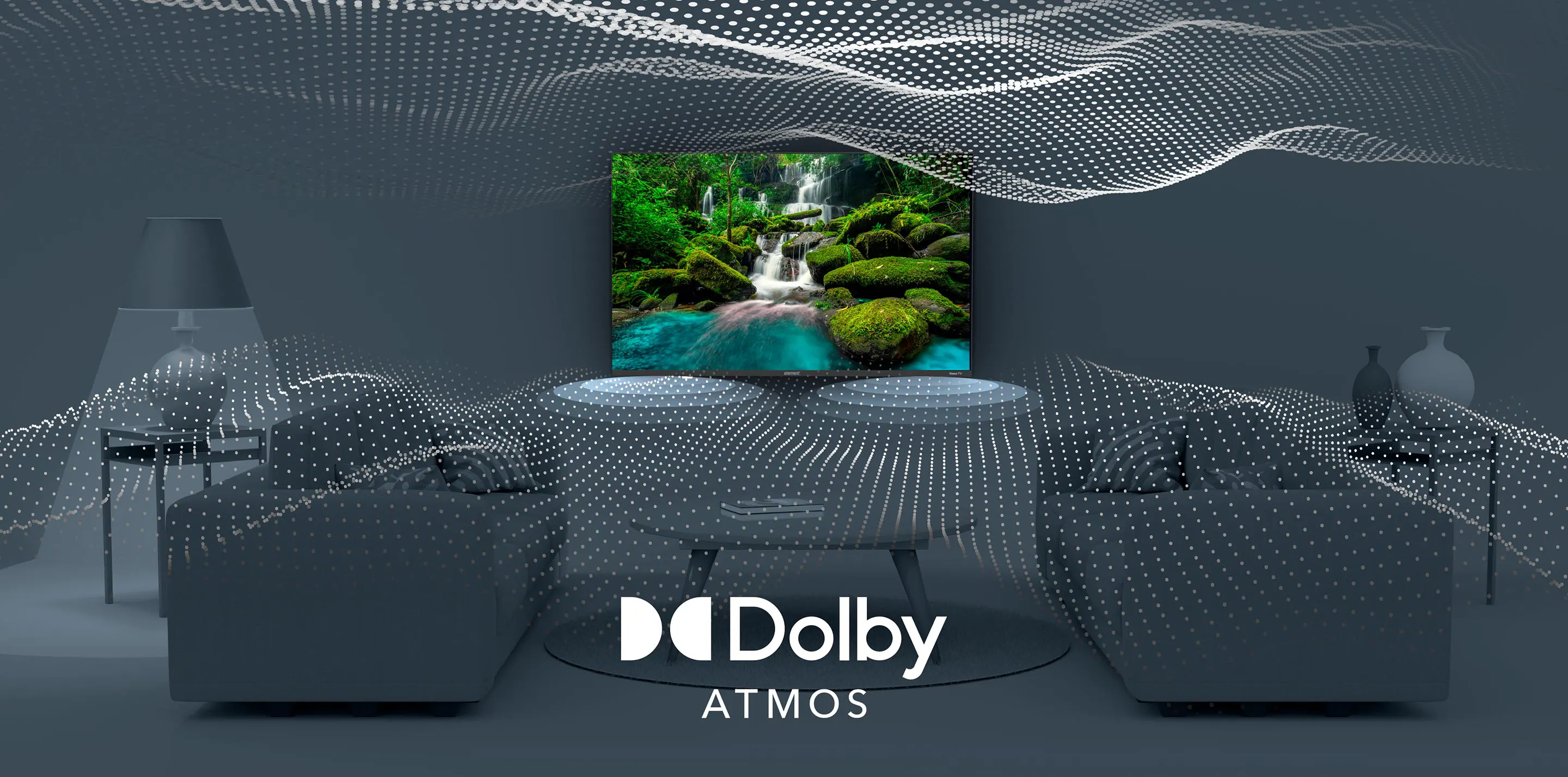 image showing 3d audio waves and Dolby Atmos® logo