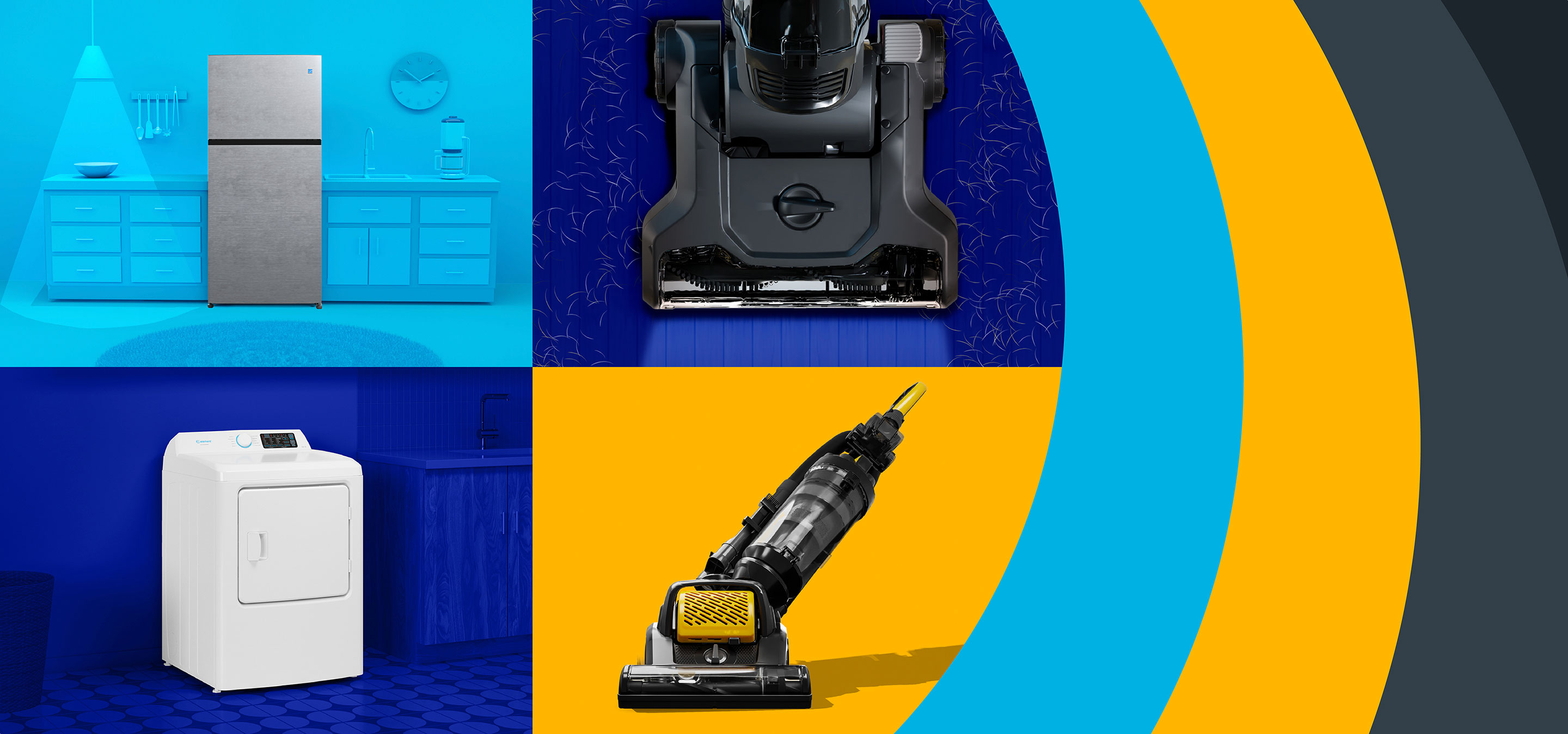 Image of two upright bagless vacuum cleaners, a top-mount refrigerator and a washer.