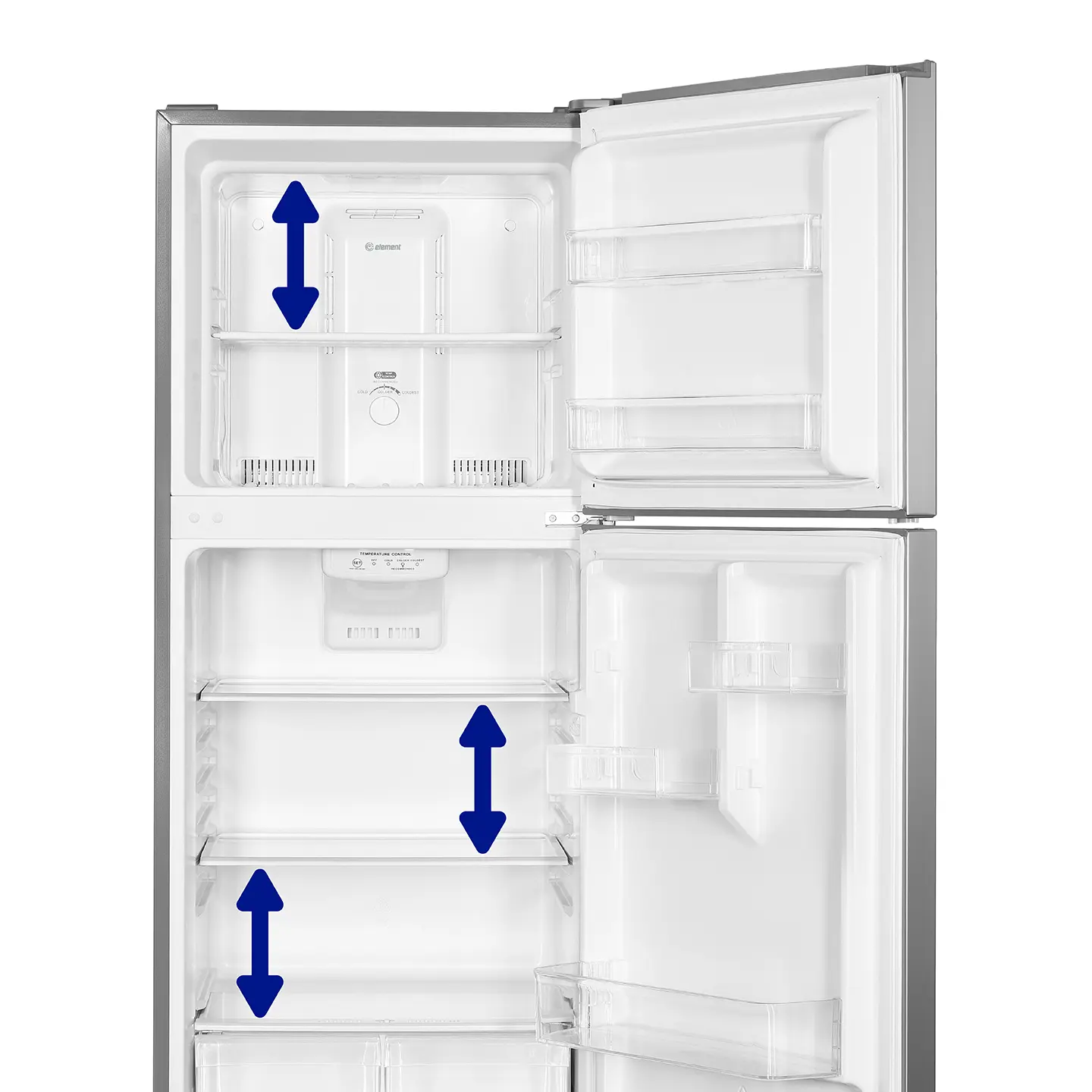 refrigerator interior with arrows showing that the shelves are adjustable