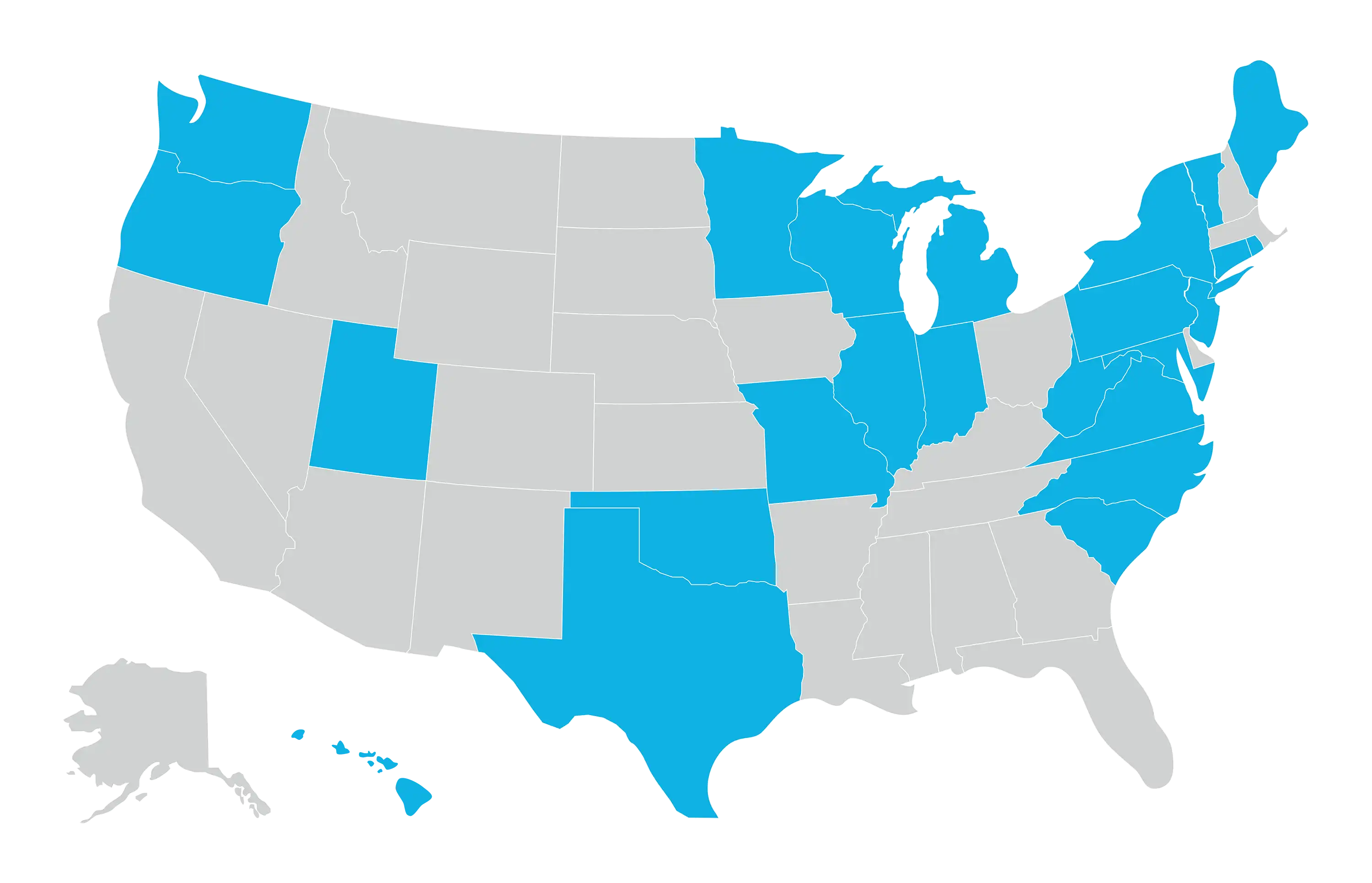 Map of the United States of America with recycling mail-in/drop off states highlighted in blue