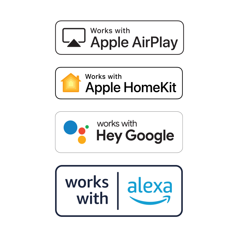 Apple AirPlay, Apple HomeKit, Google Assistant and Amazon Alexa Badge Images
