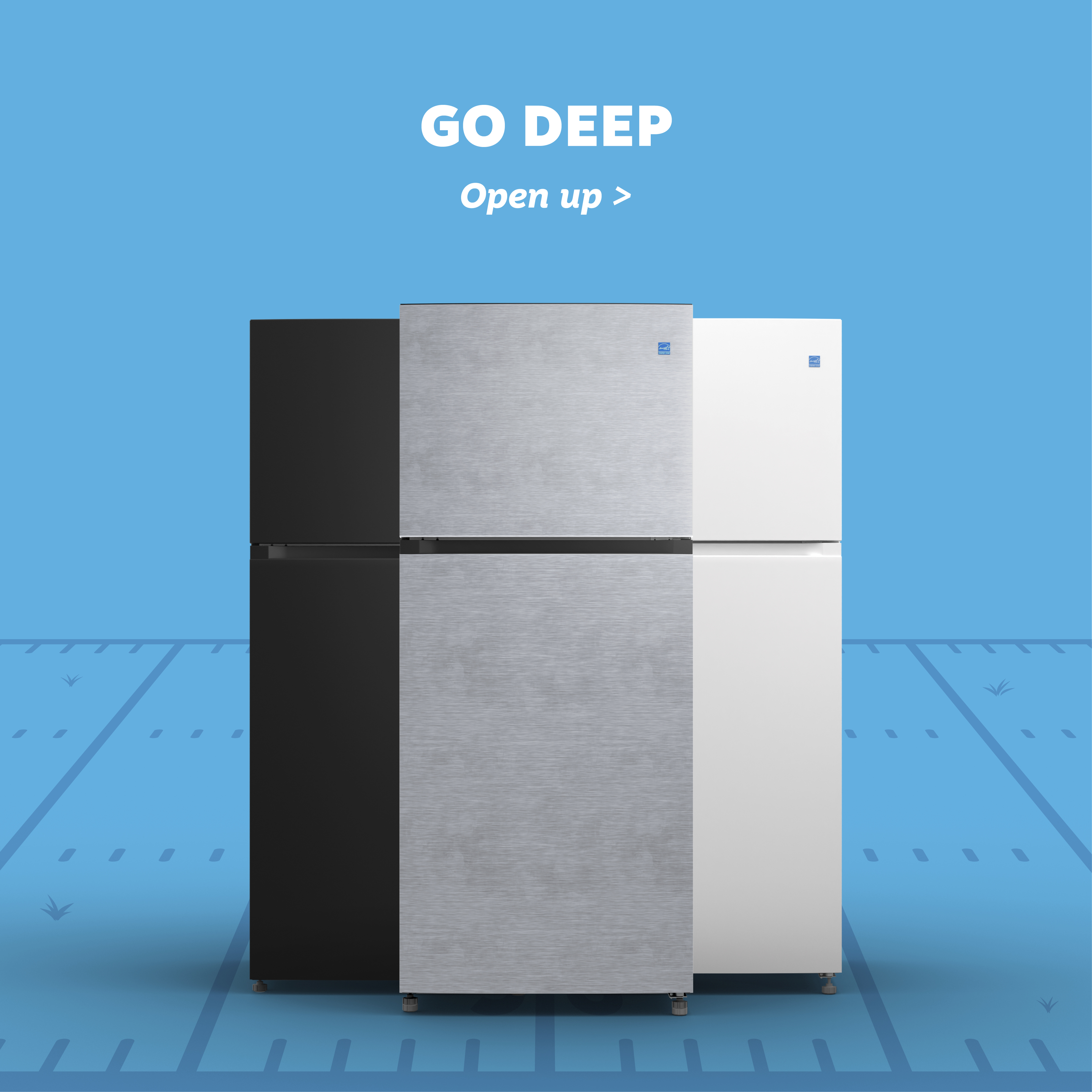Image of various refrigerators with text "Go Deep."