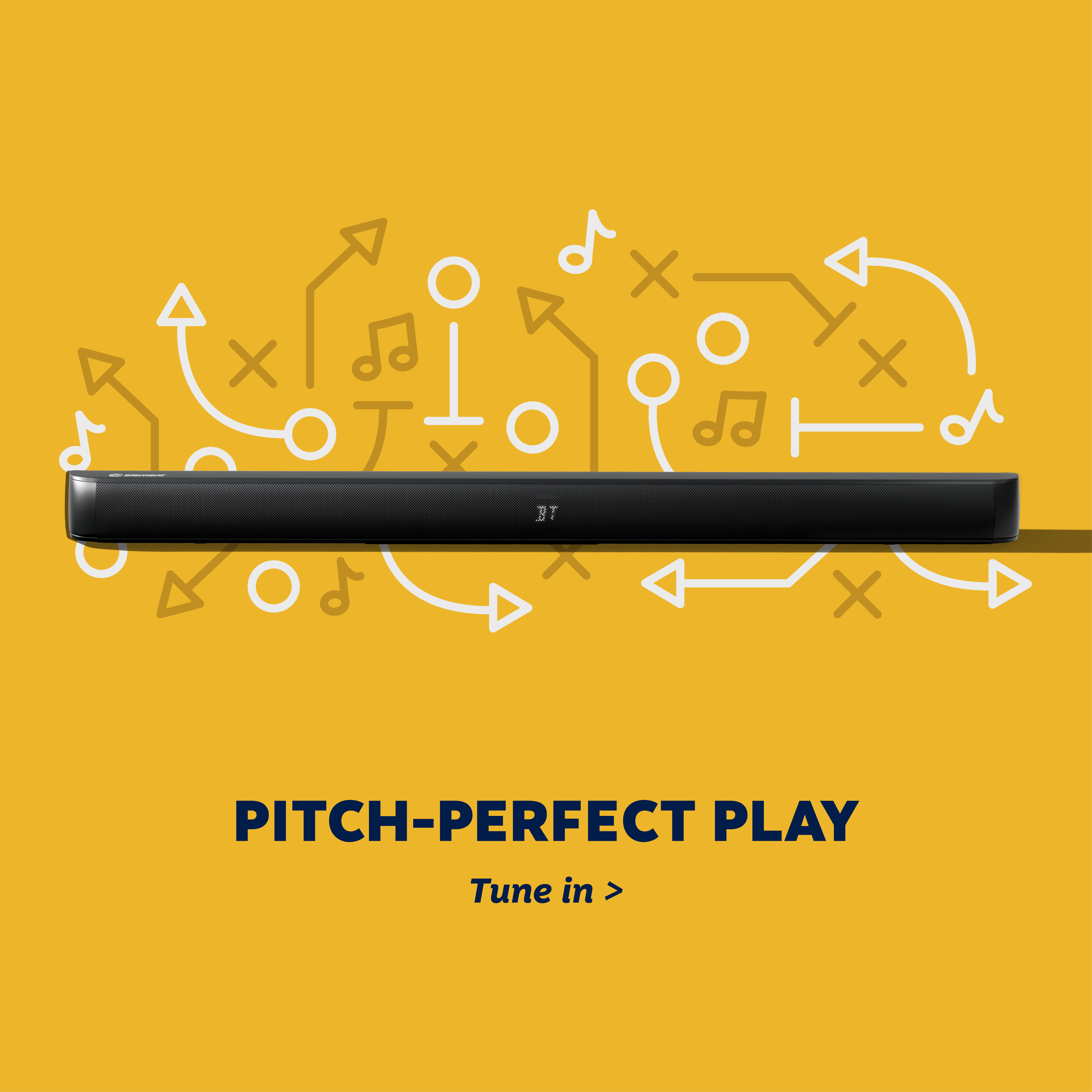 Image of sound bar with football themed X's and O's with text "pitch-perfect play."