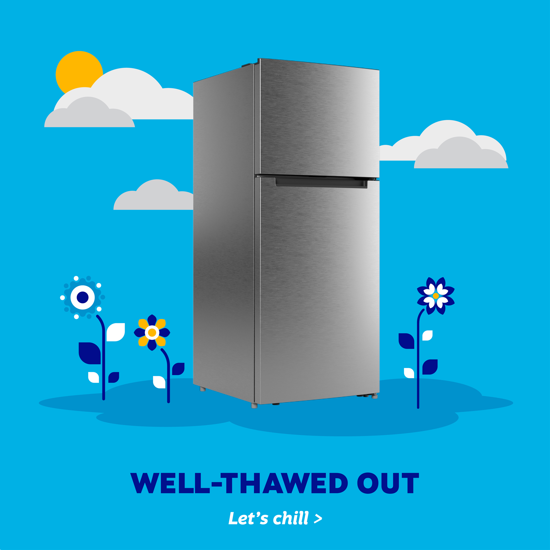 Image of a top mount stainless-steel refrigerator with clouds and flowers surrounding it and text "well-thawed out"