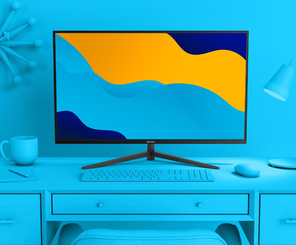 32" PC Monitor angled lifestyle image on desk in monochromatic cyan office environment