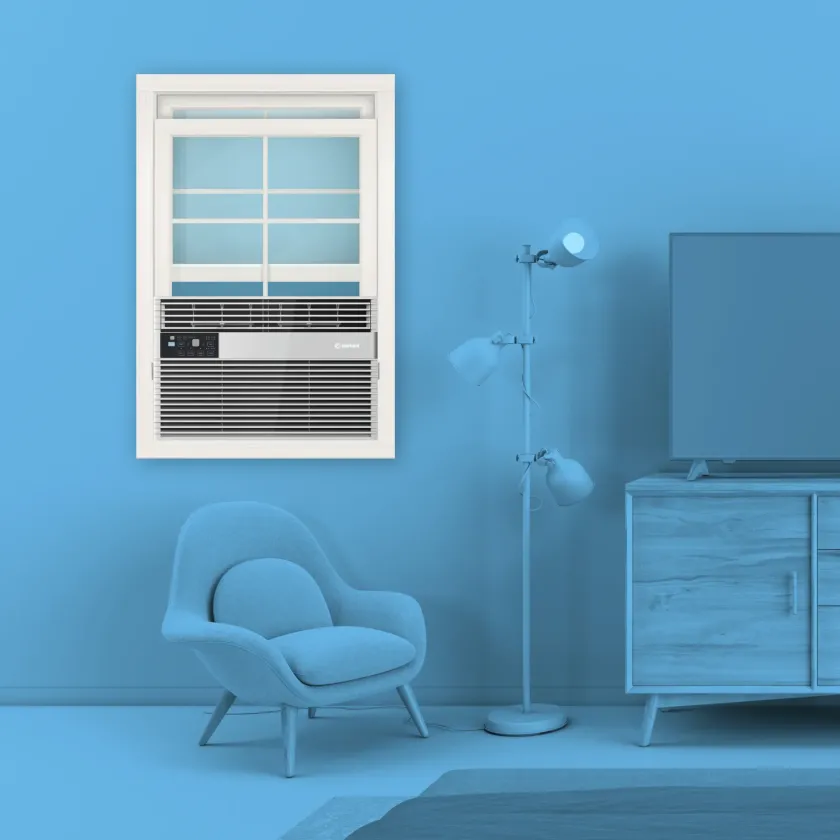 6,000 BTU Window Air Conditioner in monochrome blue living room environment