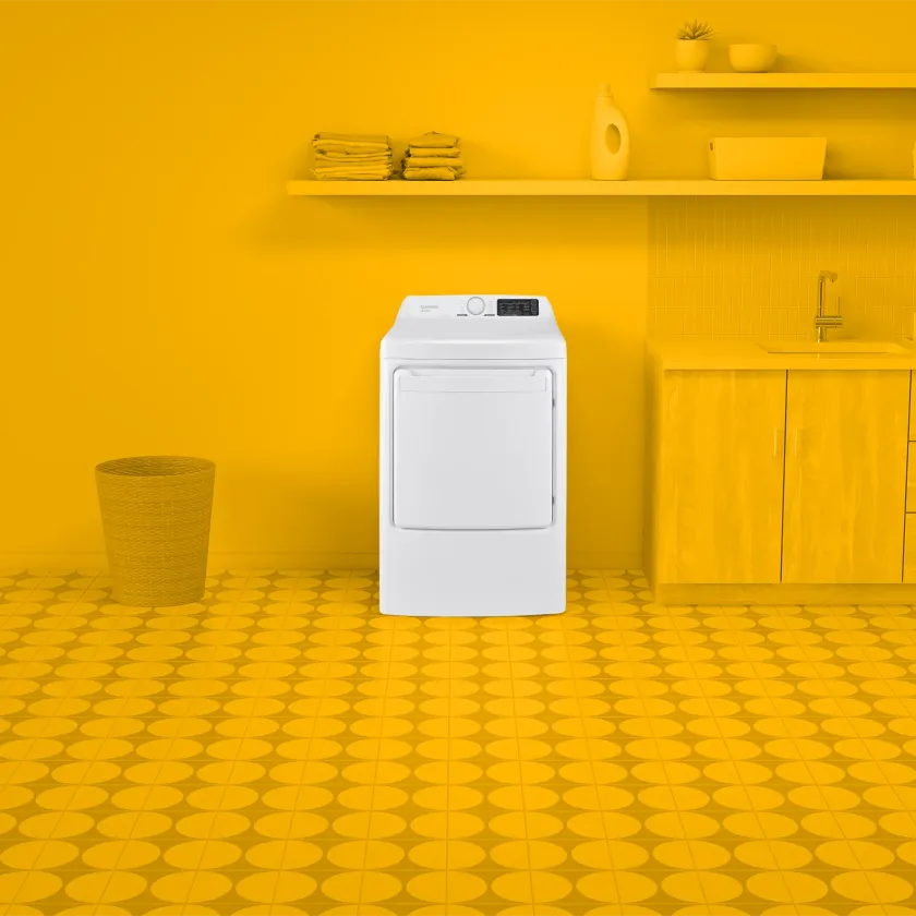 7.5 cu. ft. Electric Dryer in yellow laundry room environment