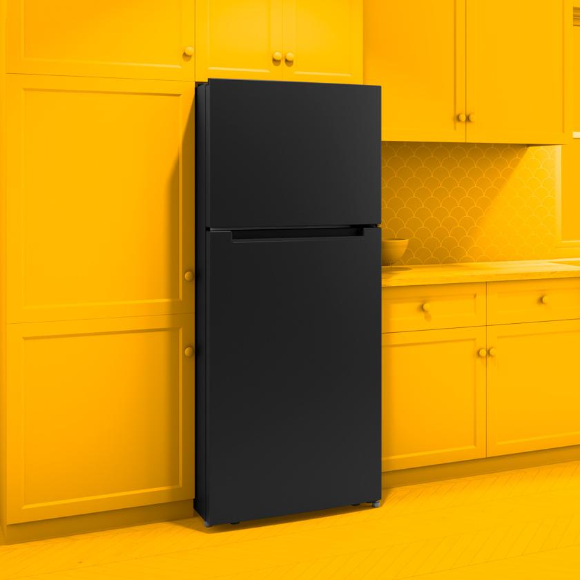 Lifestyle black refrigerator image in yellow kitchen