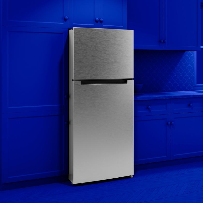 Lifestyle refrigerator image in blue kitchen