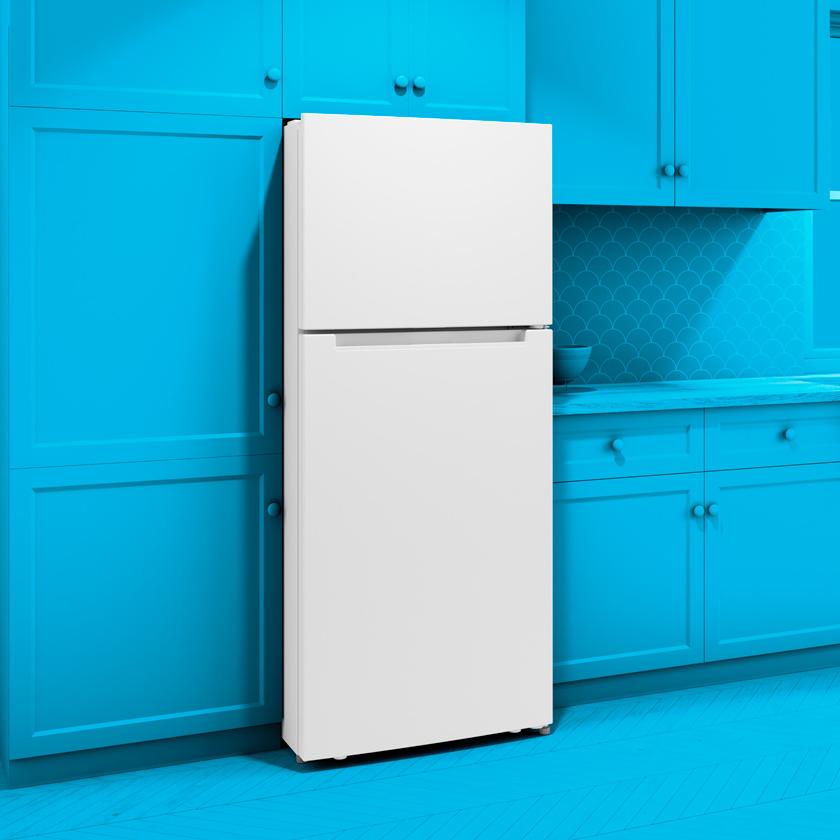 Lifestyle refrigerator image in cyan blue kitchen