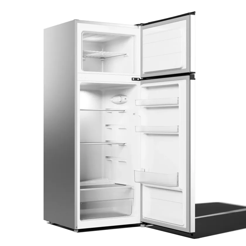Angled fridge with door open