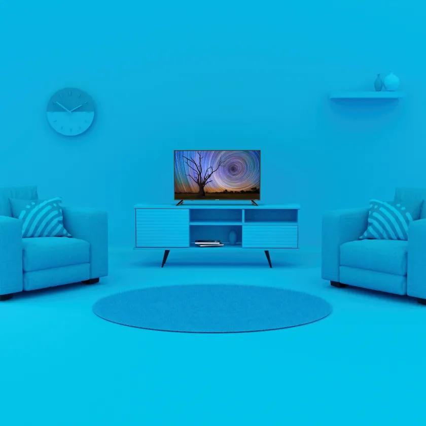 TV in monochrome blue lifestyle environment