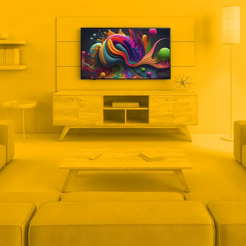 Element 43” 4K UHD HDR Xumo TV in monochrome yellow living room environment