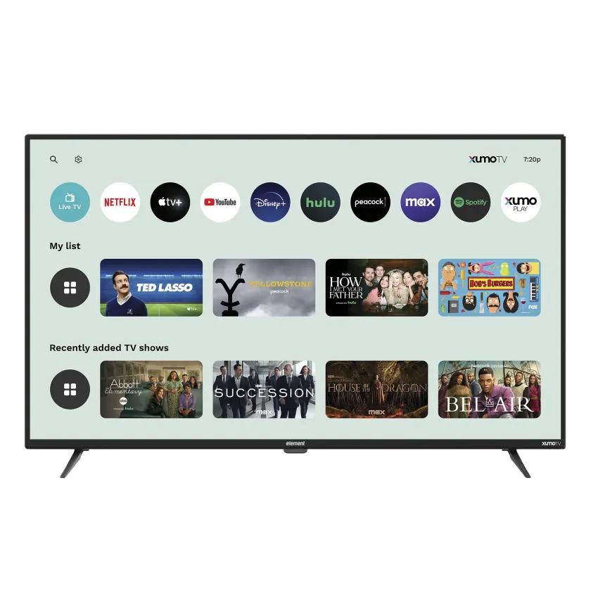 Element 50” 4K UHD HDR Xumo TV front view with Xumo interface