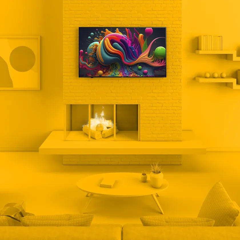 Element 50” 4K UHD HDR Xumo TV in monochrome yellow living room environment
