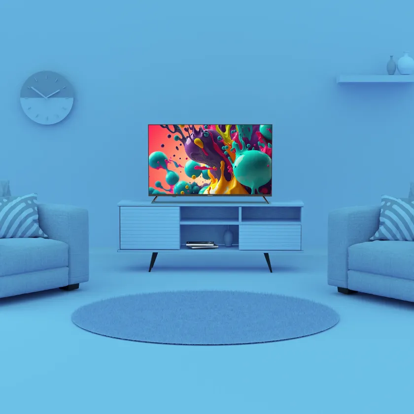 Element 43” TV in monochrome blue living room environment