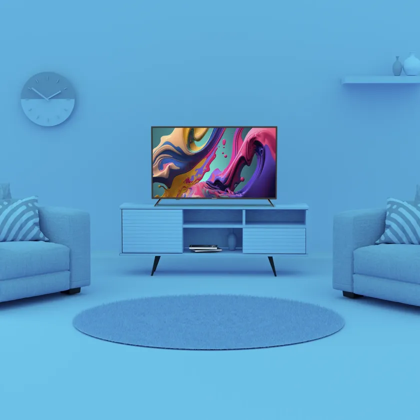 Element 32" TV in monochrome blue living room environment