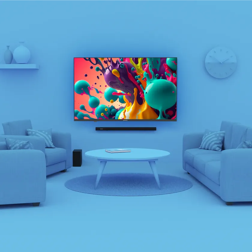 Element 70” TV in monochrome blue living room environment