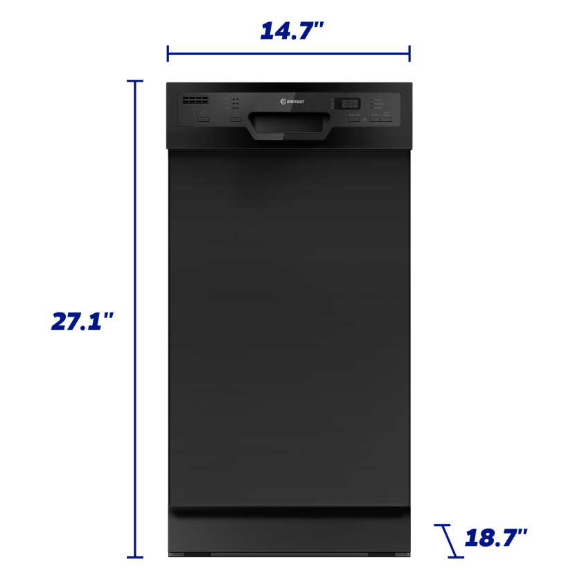 18" Black dishwasher front view with dimensons