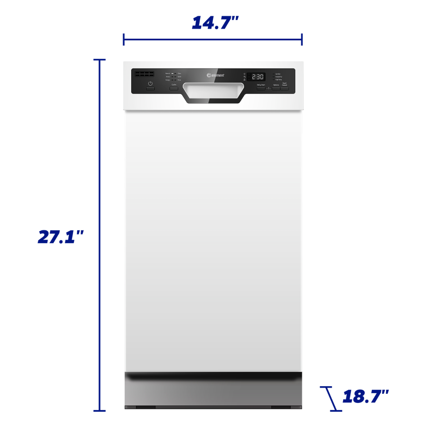 18" white dishwasher front view with dimensions