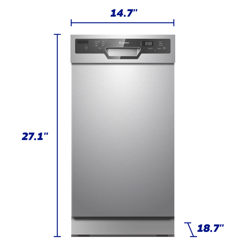 18"Stainless steal dishwasher front view with dimensions