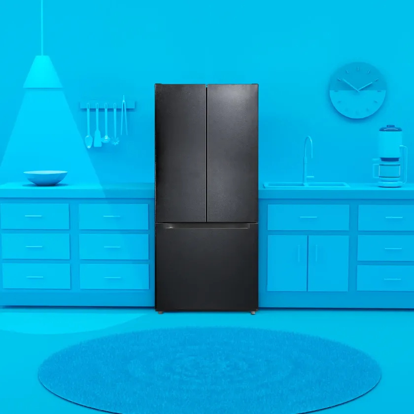 Element 18.4 cu ft French Door Refrigerator with blue environment
