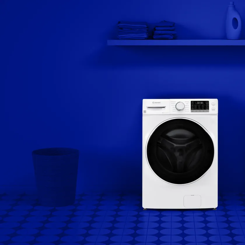 4.5 cubic feet front load washer with blue back lifestyle background