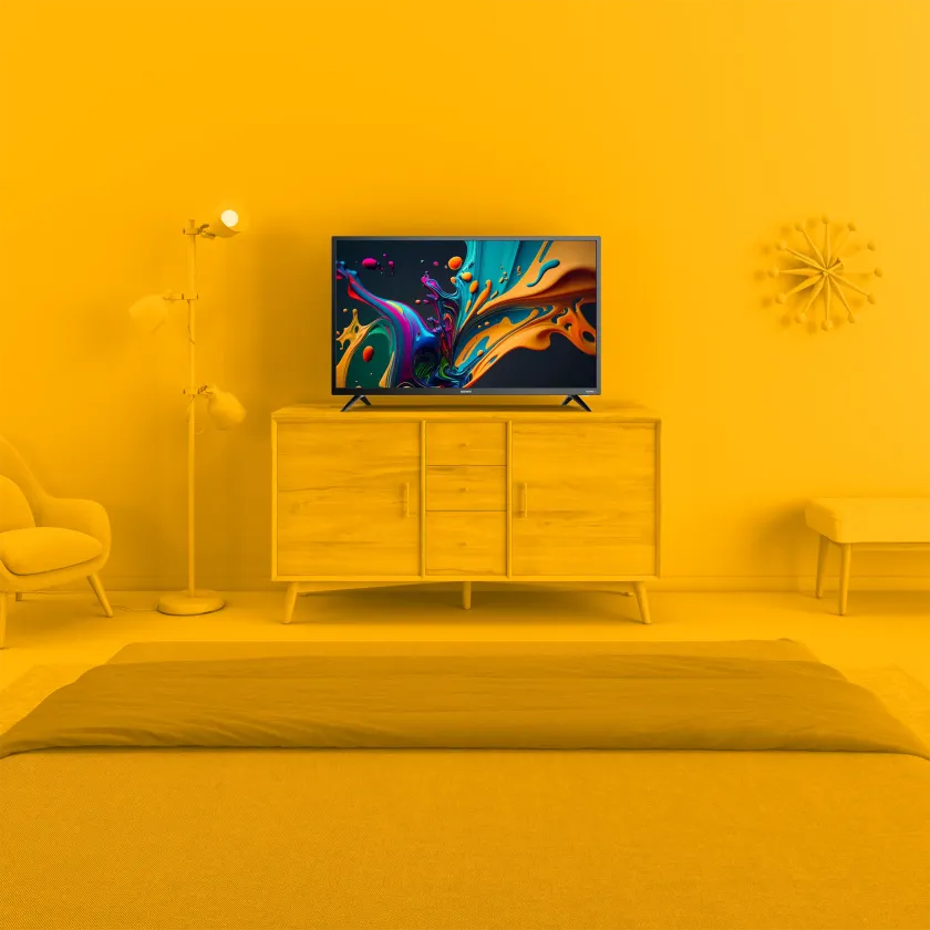Element 32” 720p HD Xumo TV lifestyle image with yellow background