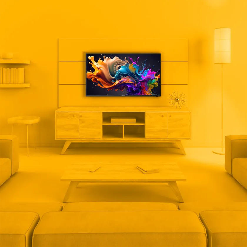 Element 40" 1080p FHD Xumo TV lifestyle image with yellow background