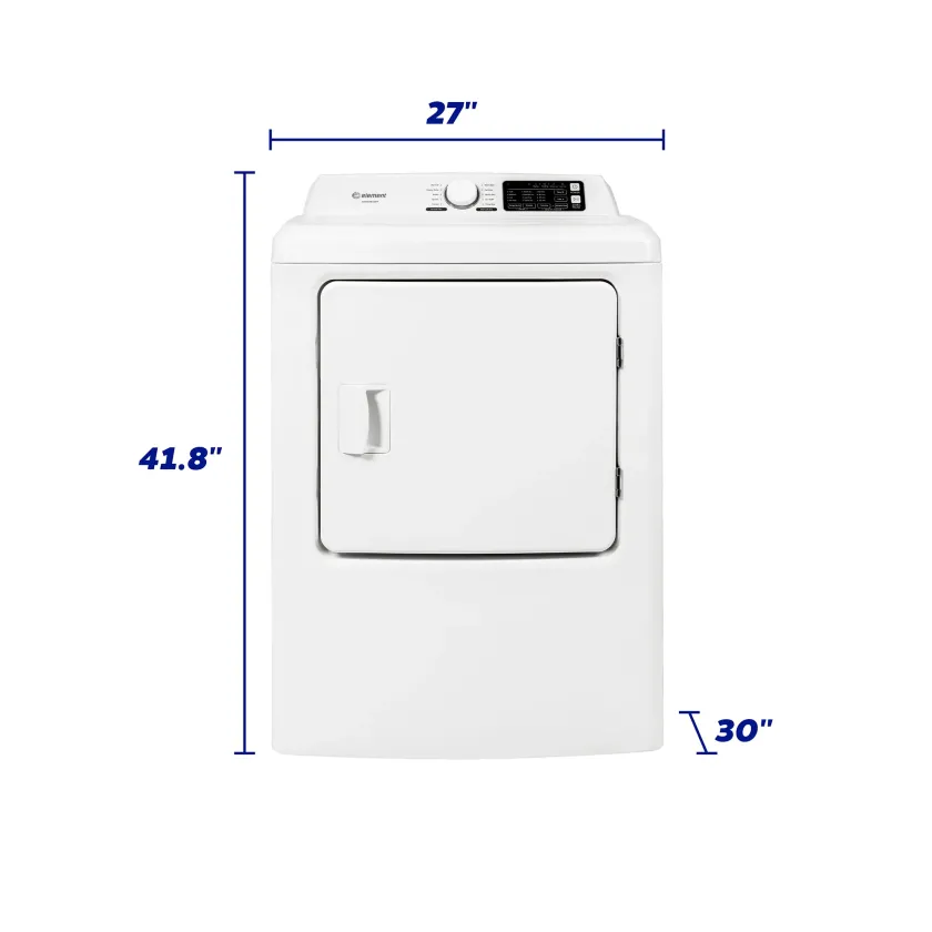 Element 6.7 cu ft Gas dryer white front view with dimensions