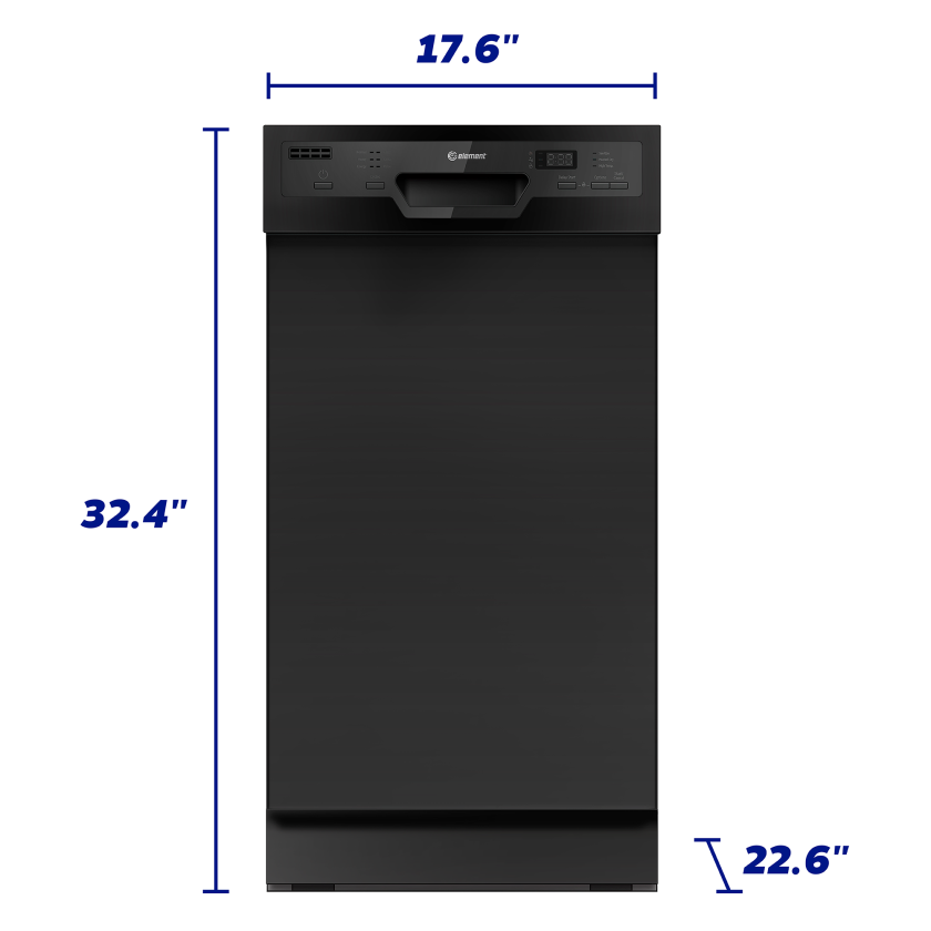 18" Black dishwasher front view with dimensons