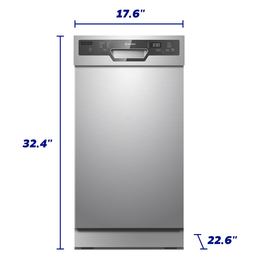 18"Stainless steal dishwasher front view with dimensions