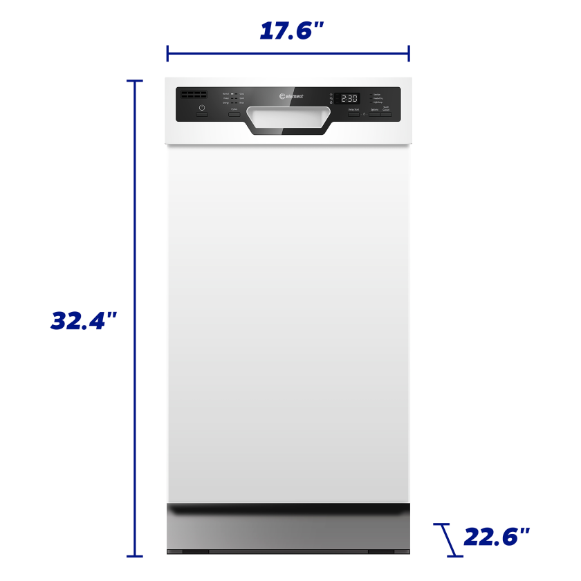 18" white dishwasher front view with dimensions