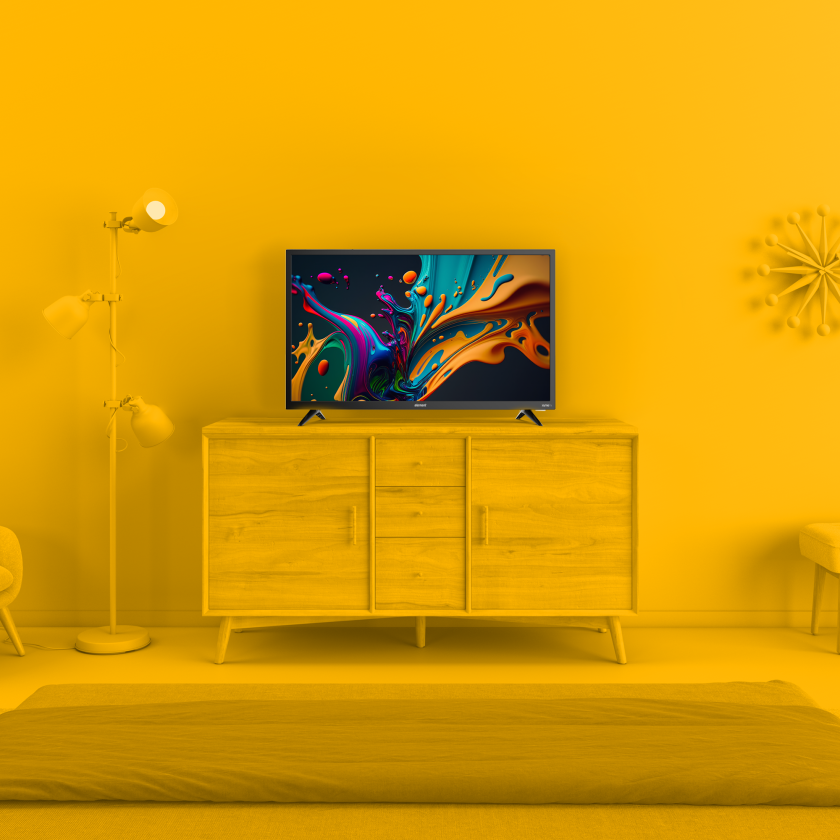 Element 24” 720p HD Xumo TV lifestyle image with yellow background