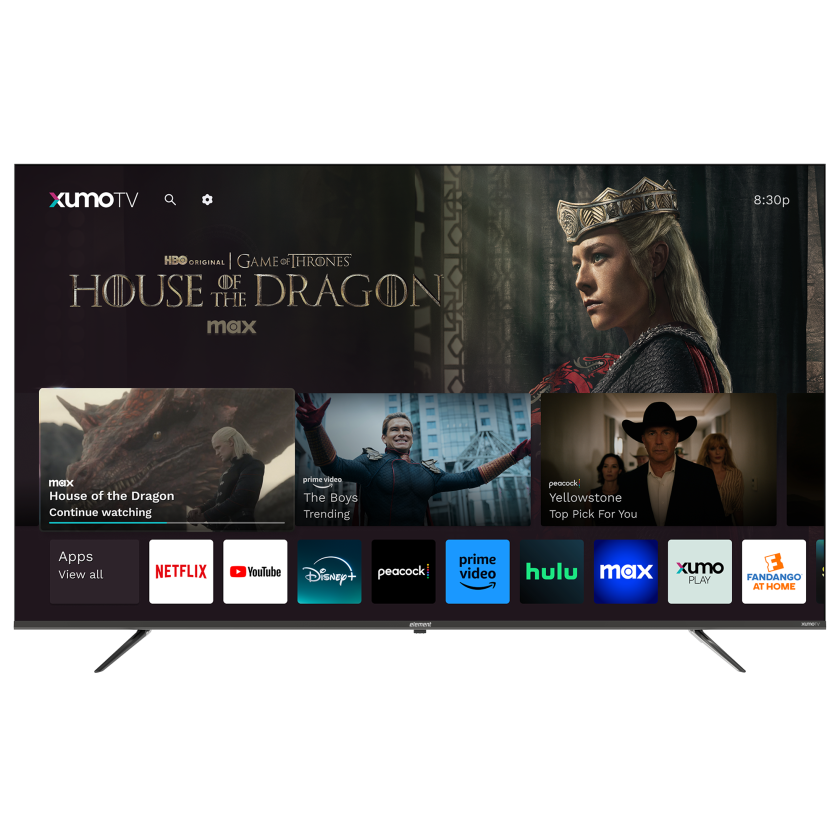 Element 75” 4K UHD HDR Frameless Xumo TV with Xumo smart platform on the screen