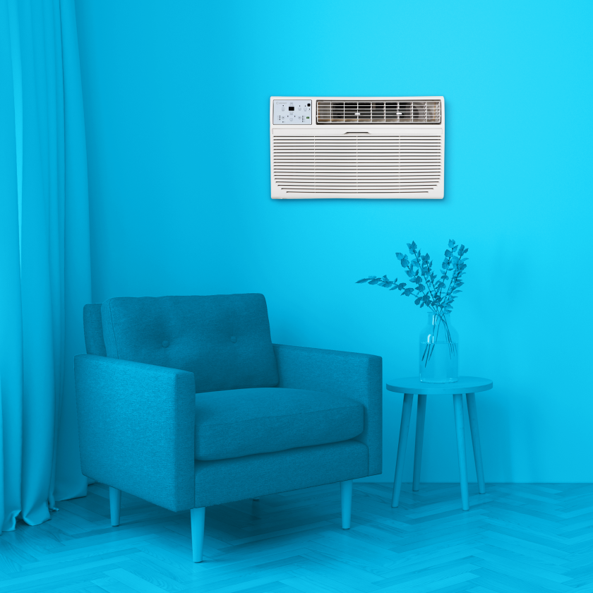 14,000 Air Conditioner in monochrome blue living room environment