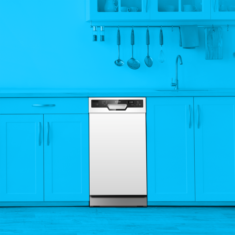 18" white dishwasher front view with blue background