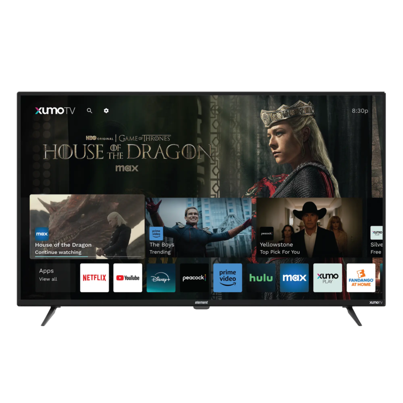 Element 50” 4K UHD HDR Xumo TV front view with Xumo interface