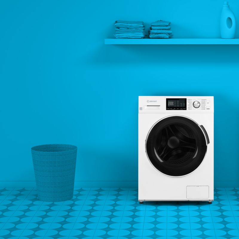 2.7 cubic feet front load washer with blue back lifestyle background