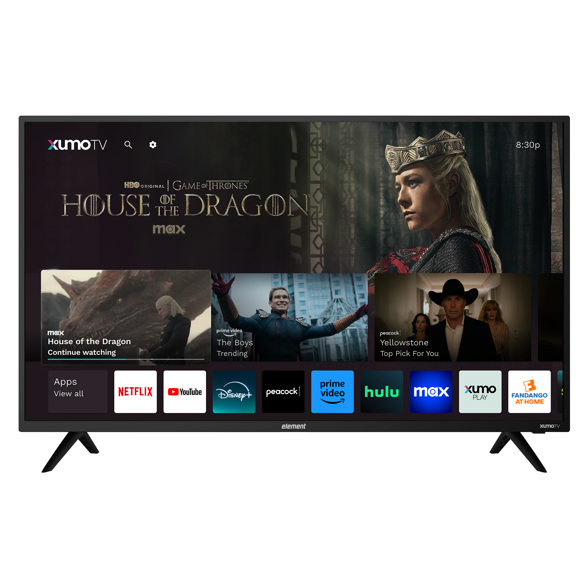 Element 40” 1080p FHD Xumo TV front view with Xumo interface