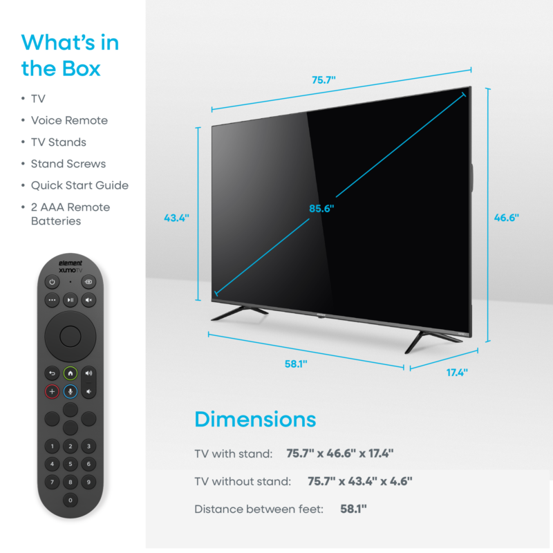 86” 4K UHD HDR Frameless Xumo TV (E550AE86C) | Element Electronics